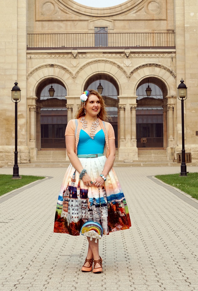 Winnipeg Style Blog Canadian Stylist Consultant, Vedette Shapewear Ava swimsuit, Chicwish New swan stone castle print midi skirt, Winners One 7 six peach sheer shrug, DIY self made rainbow fascinator hat, Aldo Accessories waterfall necklace, Mary Frances one of a kind On a cloud rainbow clutch bag, John Fluevog Bellevues Pearl Hart vintage inspired shoes